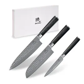 SHIORI 3-Set 撓 Kuri Murō + Santoku + Sifu - set med tre japanska knivar av Damaskusstål