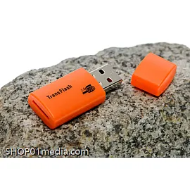 Micro SD HC Minneskortläsare/-skrivare, fickformat, orange plast, USB 2.0