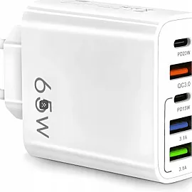 Mobilladdare 65W, 3x USB + 2x USB-C, 230V