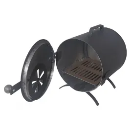 Eldstad, rökkamin, kamin för rökskåp, med handtag, bärbart, cylindriskt, metall