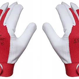 Arbetshandskar 12 par, montagehandskar, skinn, röd-vita CE, m-Glove