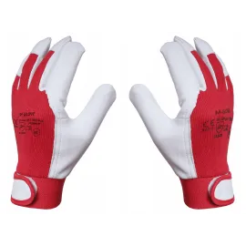 Arbetshandskar 12 par, montagehandskar, skinn, röd-vita CE, m-Glove