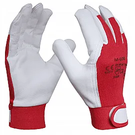Arbetshandskar 12 par, montagehandskar, skinn, röd-vita CE, m-Glove