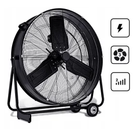 Stor kraftfull mobil industrifläkt 90 cm 350W, trumfläkt golvmodell, svart/gul pulverlackad, 21795 m³/h, EBERG