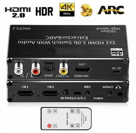 HDMI Switch Audio Extractor SPDIF 4K - 2 x HDMI, ARC, DHCP 2.2, Toslink, Coax, fjärr