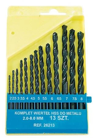 Metallborr HSS (spiralborr) sats 13st, för metall, DIN 338, st. ar 2.0~8.0 mm, 0.5 mm mellan varje st. . Svarta, platt plastbox, inplastad.