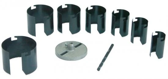 Hole Saw 25 mm Height, set of 7Pcs 26-63 mm, with Locating Plate and Leading Drill 6 mm (Blackened) Saw Blackened Blister Card