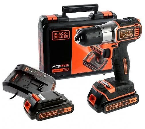 Skruvdragare / Borrmaskin, sladdlös, AUTOSENSE 18V 1.5AH, 2 batterier, väska, Black+Decker