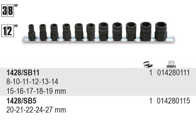 Cutting Socket set 8–19 mm 3/8 & 1/211 pcs, for Damaged Nuts, BETA Tools