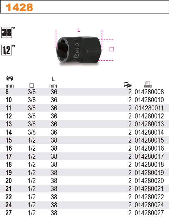 Cutting Socket set 8–19 mm 3/8 & 1/211 pcs, for Damaged Nuts, BETA Tools