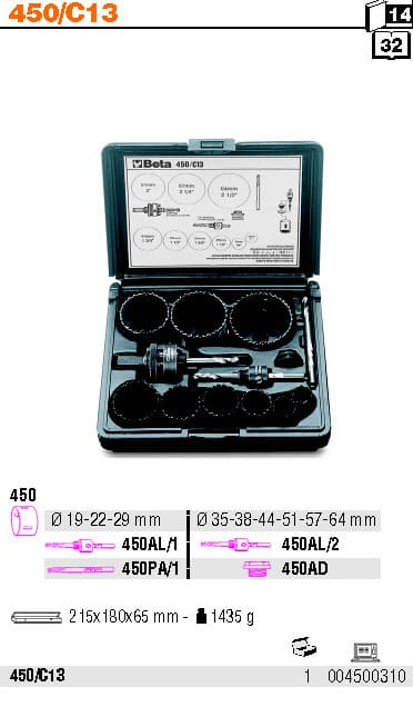 Hålsågsats 13 Delar HSS Bi-Metall 19-64 mm, Centrumborr Adapter Plastbox, BETA Tools