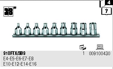 Socket set TORX E4-E16, 9 Pieces, 26 mm High Chrome, BETA