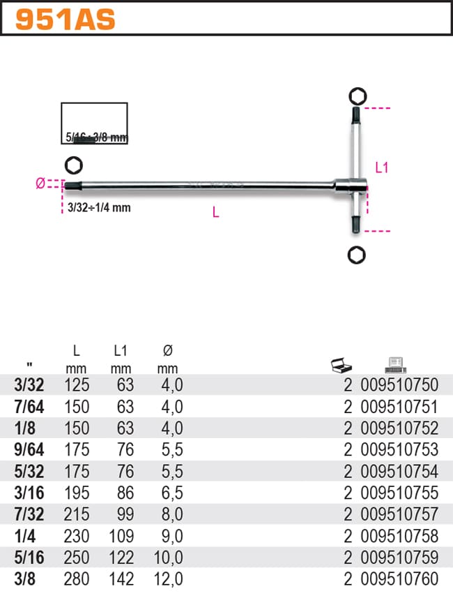 HEX Key T-Handle set 3/32”–3/8” Stainless Steel, Three Ends, BETA Tools