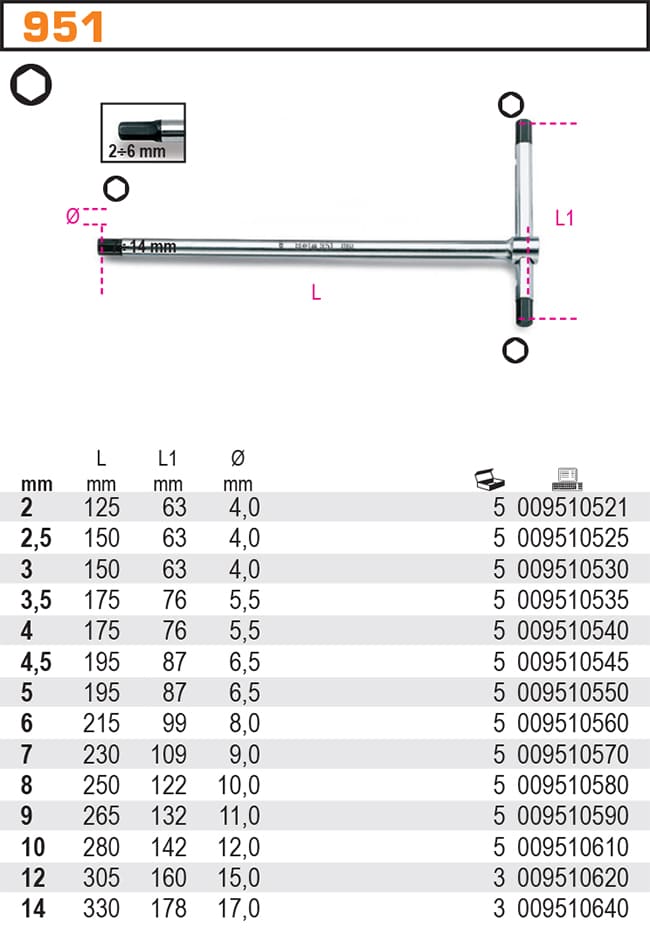 T-handle wrench, three hex male ends | Beta Tools