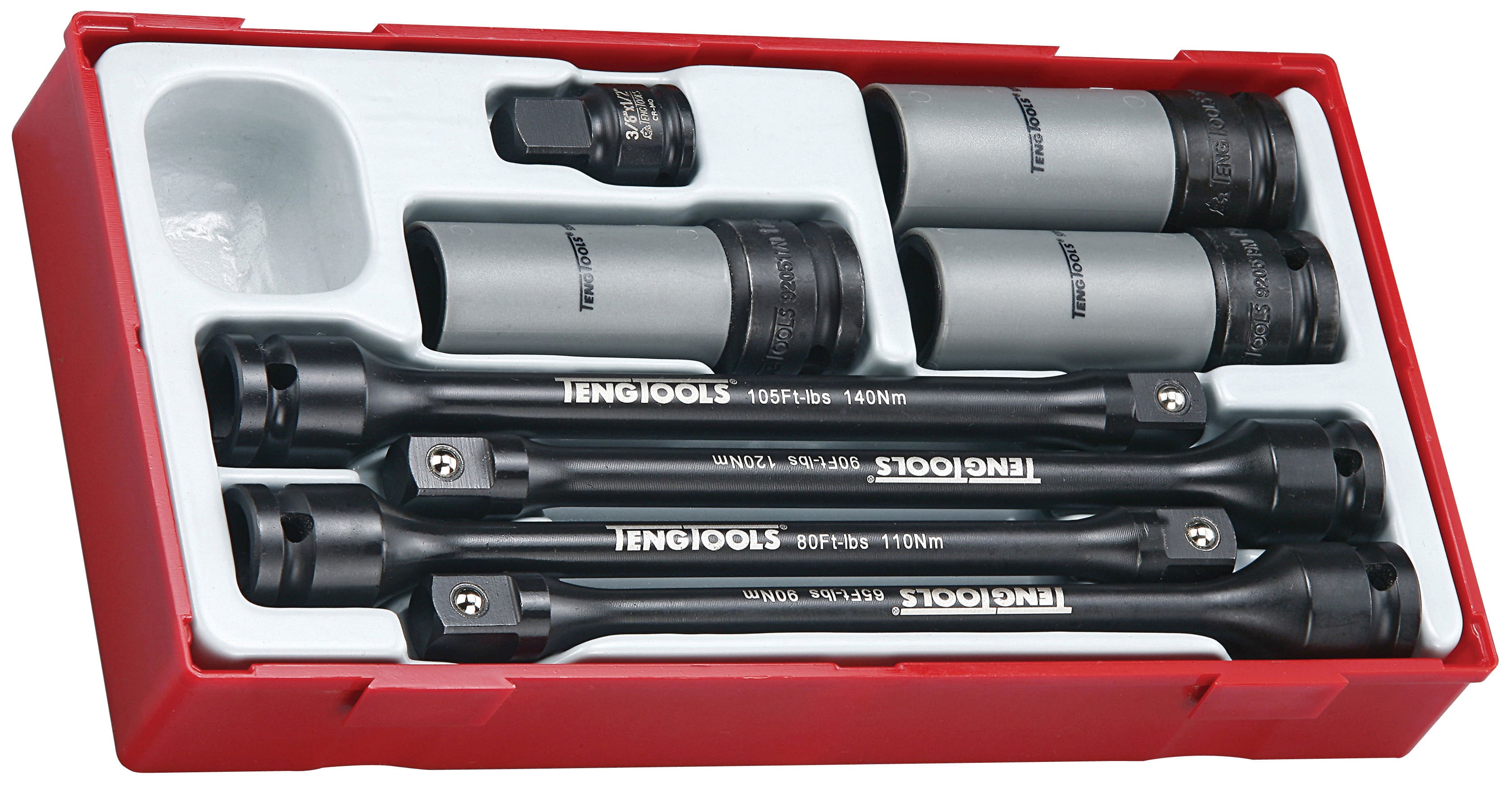 Momenthylssats 3/8, 1/217-19-21 mm, 8 delar (slaghylsor) med torsionsstavar 90-140Nm, hjulmutterhylsor m.m. TENG Tools