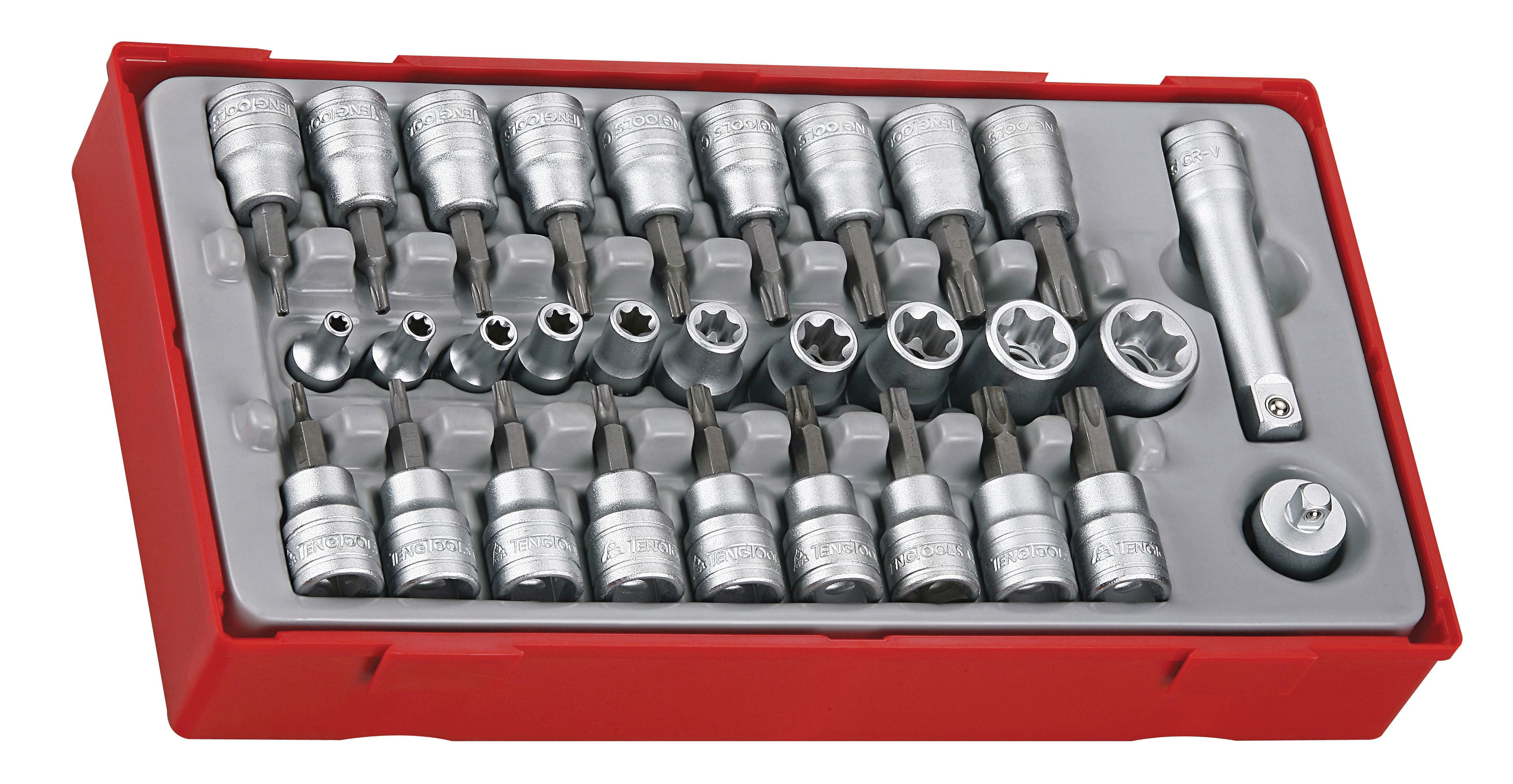 Hylsbits TORX 1/4 och 3/8, sats 30 delar, E10-18, TX10-TX50, in- och utvändiga (hylsbitssats), TENG Tools