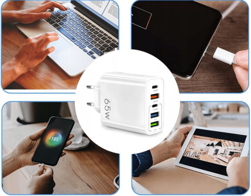 Mobilladdare 65W, 3x USB + 2x USB-C, 230V