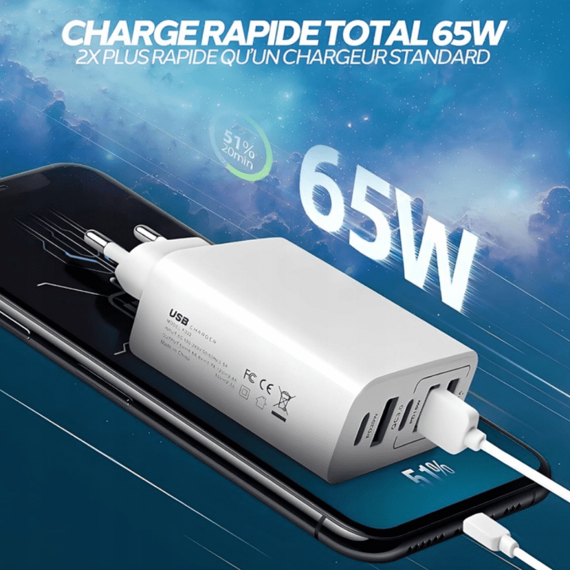 Mobilladdare 65W, 3x USB + 2x USB-C, 230V