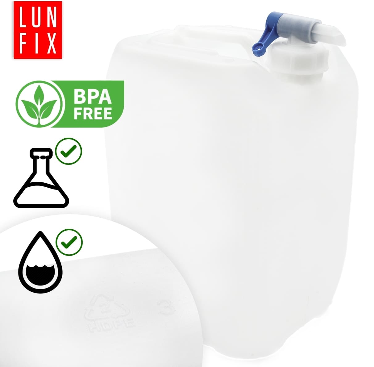 Vattendunk 20L med kran, kanister för dricksvatten, HDPE plast, LunFix