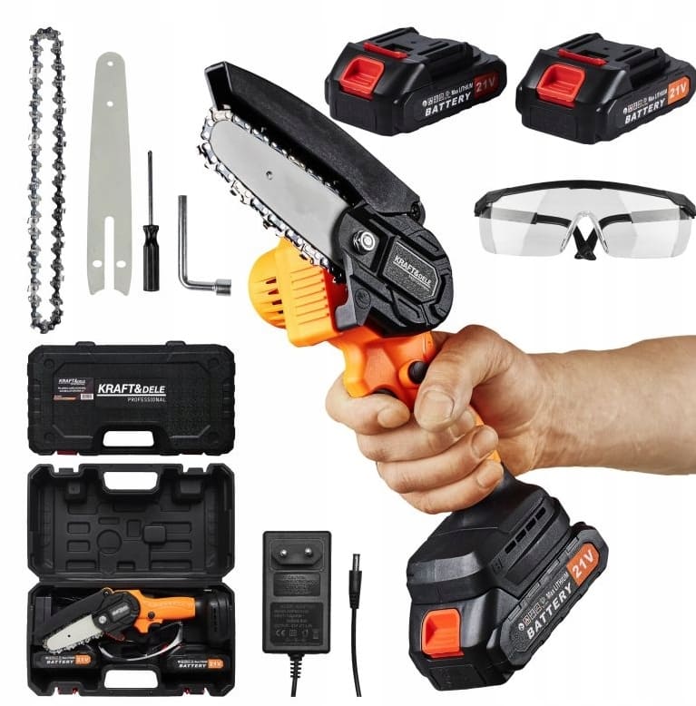 Chainsaw cordless with 2 batteries 2Ah 21V, Crosscut Saw 4, charger, bag, Kraft & Delle