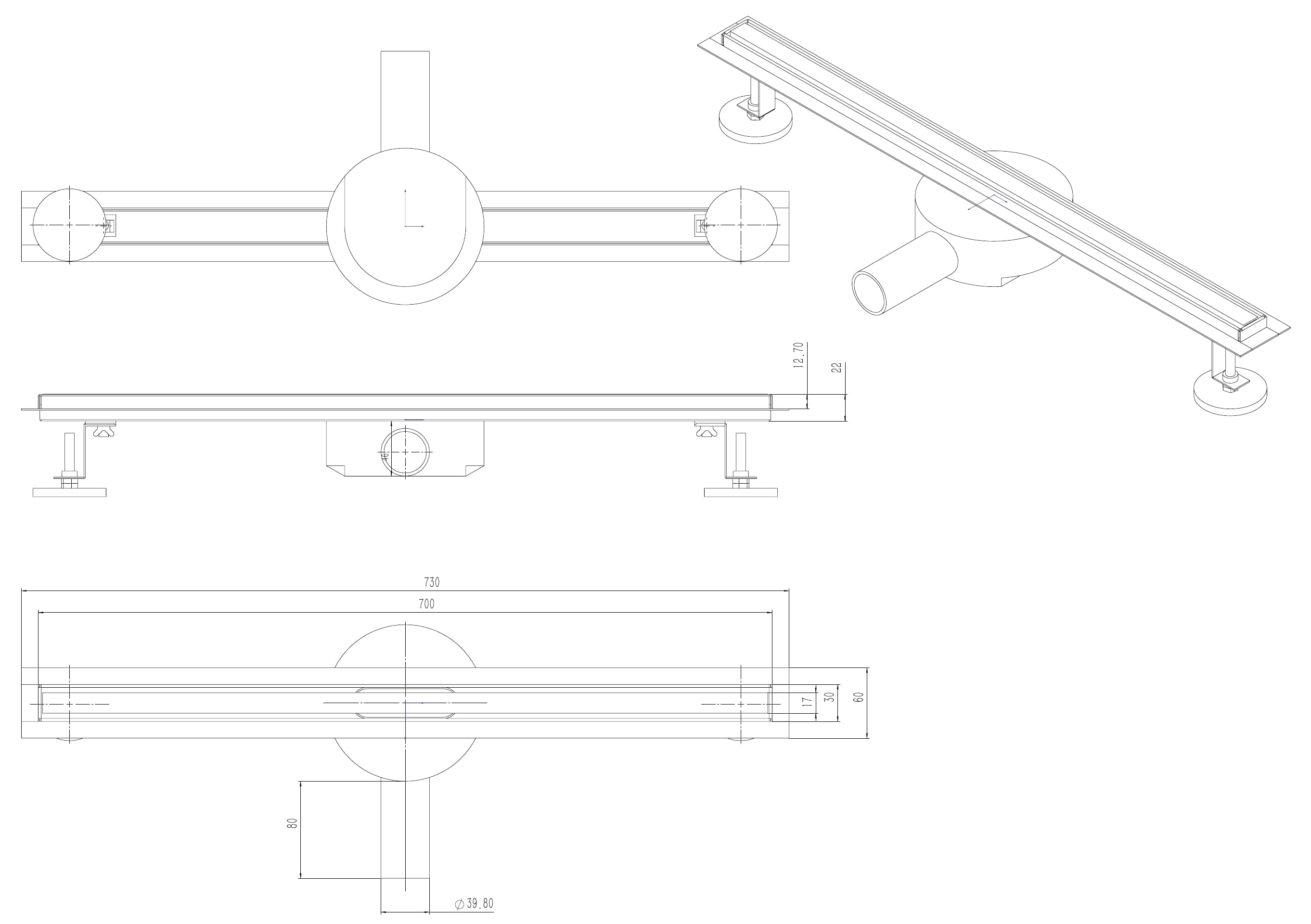 Floor drain, linear drain 60 cm with swivel drain pipe and high flow rate, Prina