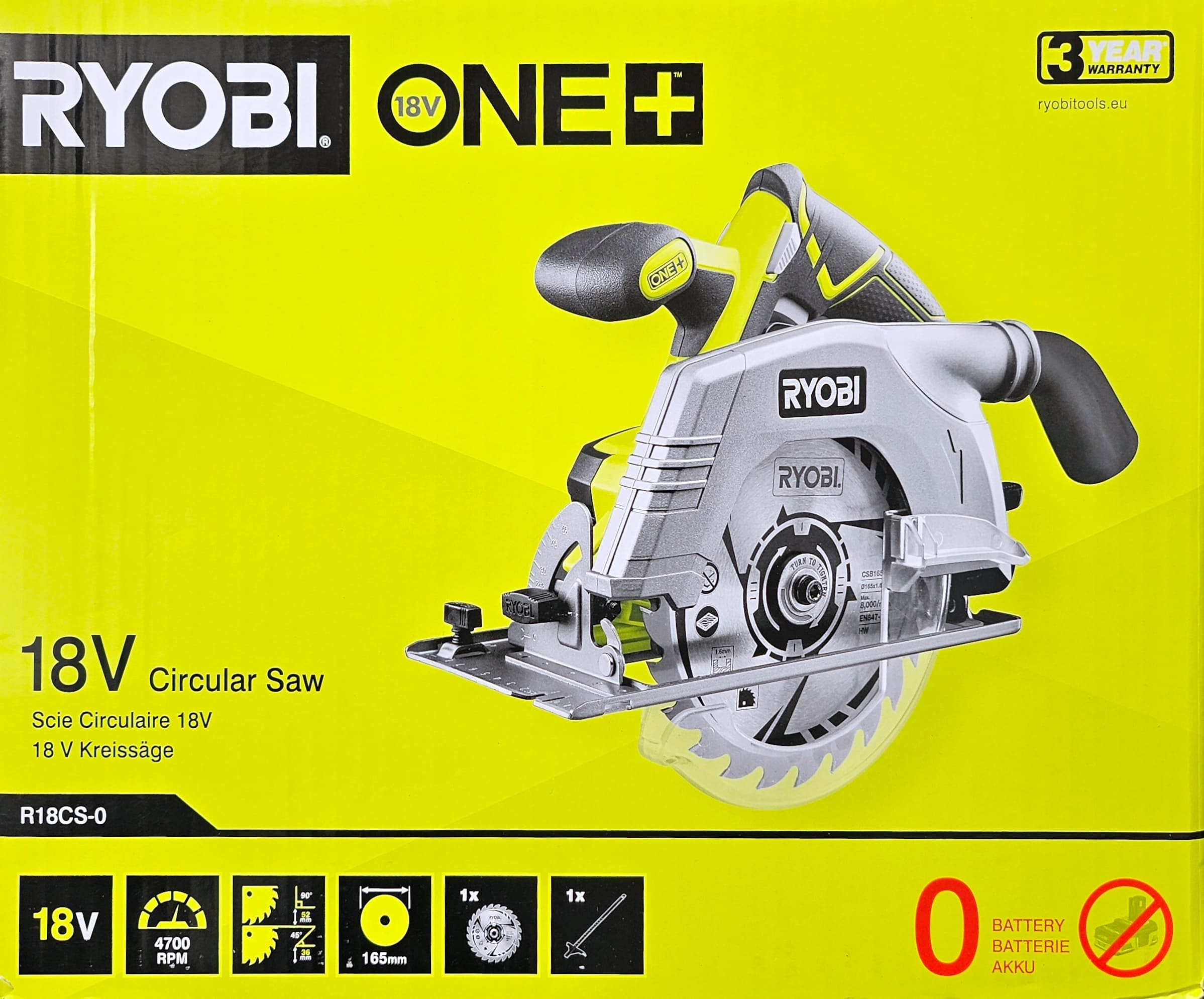Cirkelsåg 18V, klingan 165 mm, sågdjup 52 mm (utan batteri), Ryobi R18CS-0 ONE+