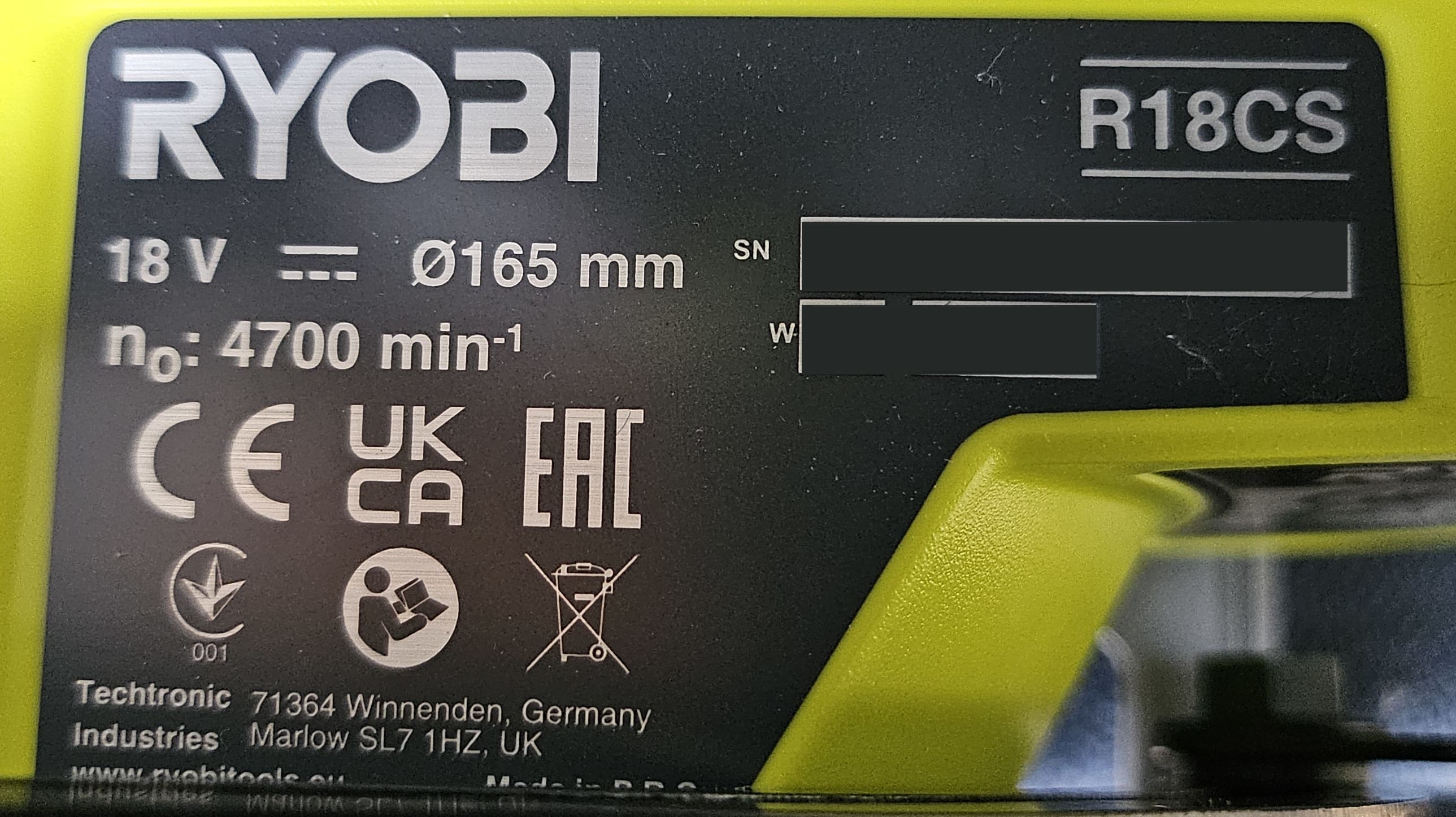 Cirkelsåg 18V, klingan 165 mm, sågdjup 52 mm (utan batteri), Ryobi R18CS-0 ONE+