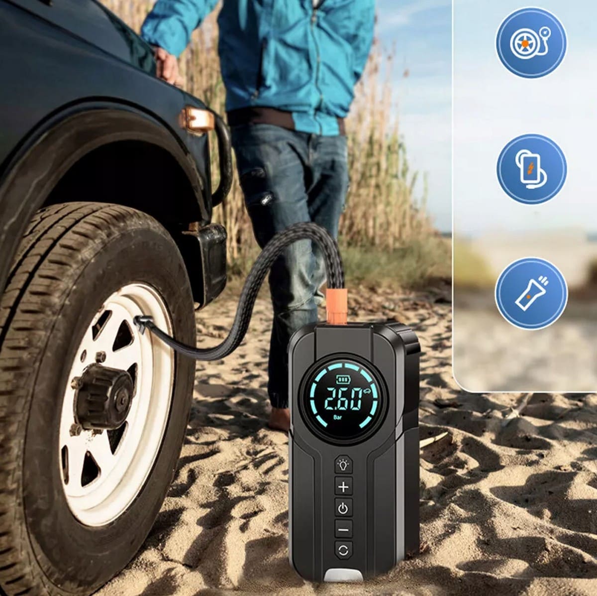 Kraftfull Booster Powerbank Starthjälp och Luftpump 2-i-1, 1000 A, 8400mAh