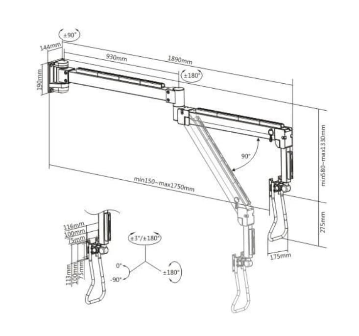 Monitorarm, roterande skärmhållare, lång skärmarm justerbar, väggfäste 178 cm, Spacetronik