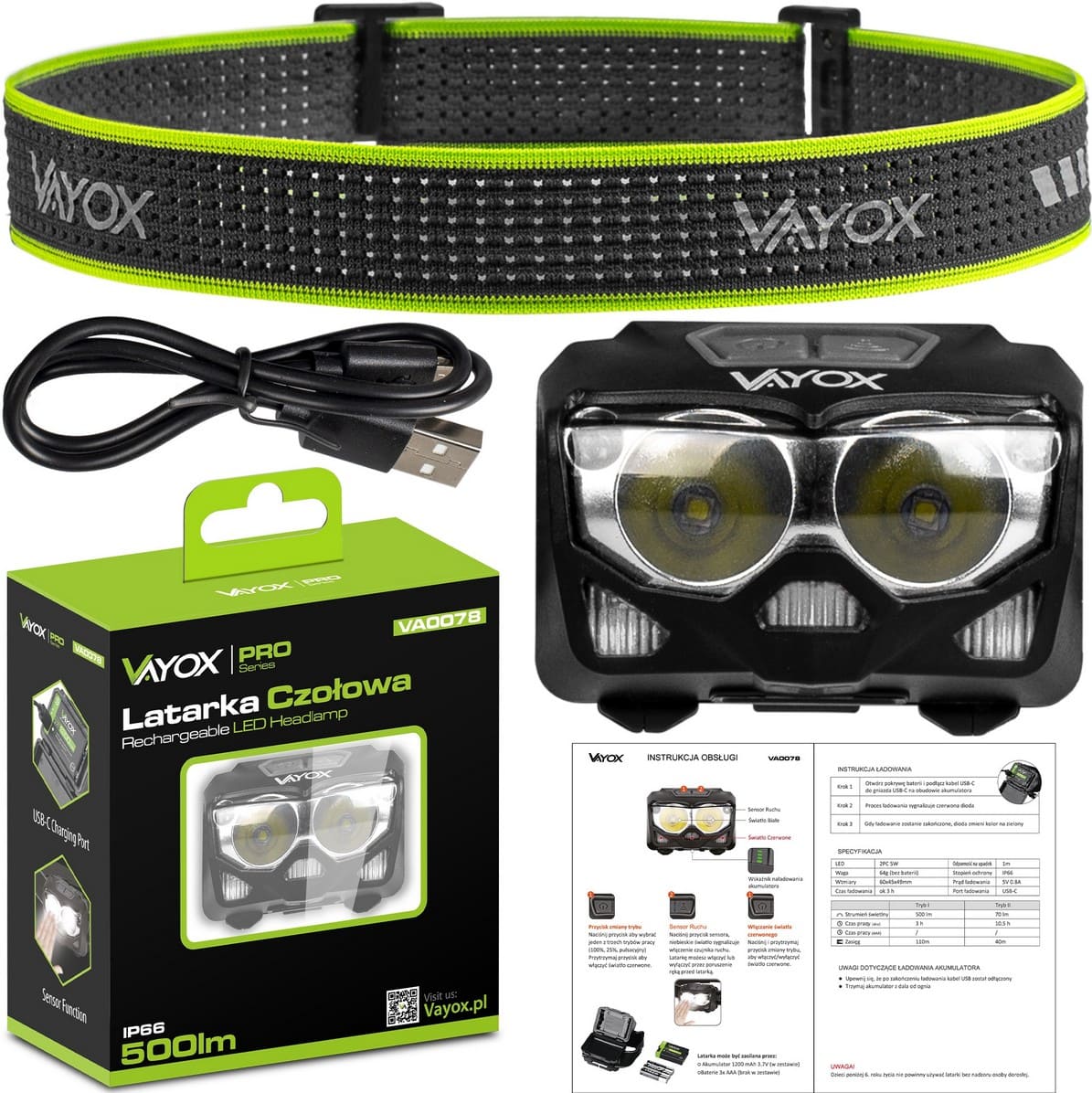 LED Headlight / Flashlight, Waterproof, USB-C Rechargeable, 500lm, VAYOX