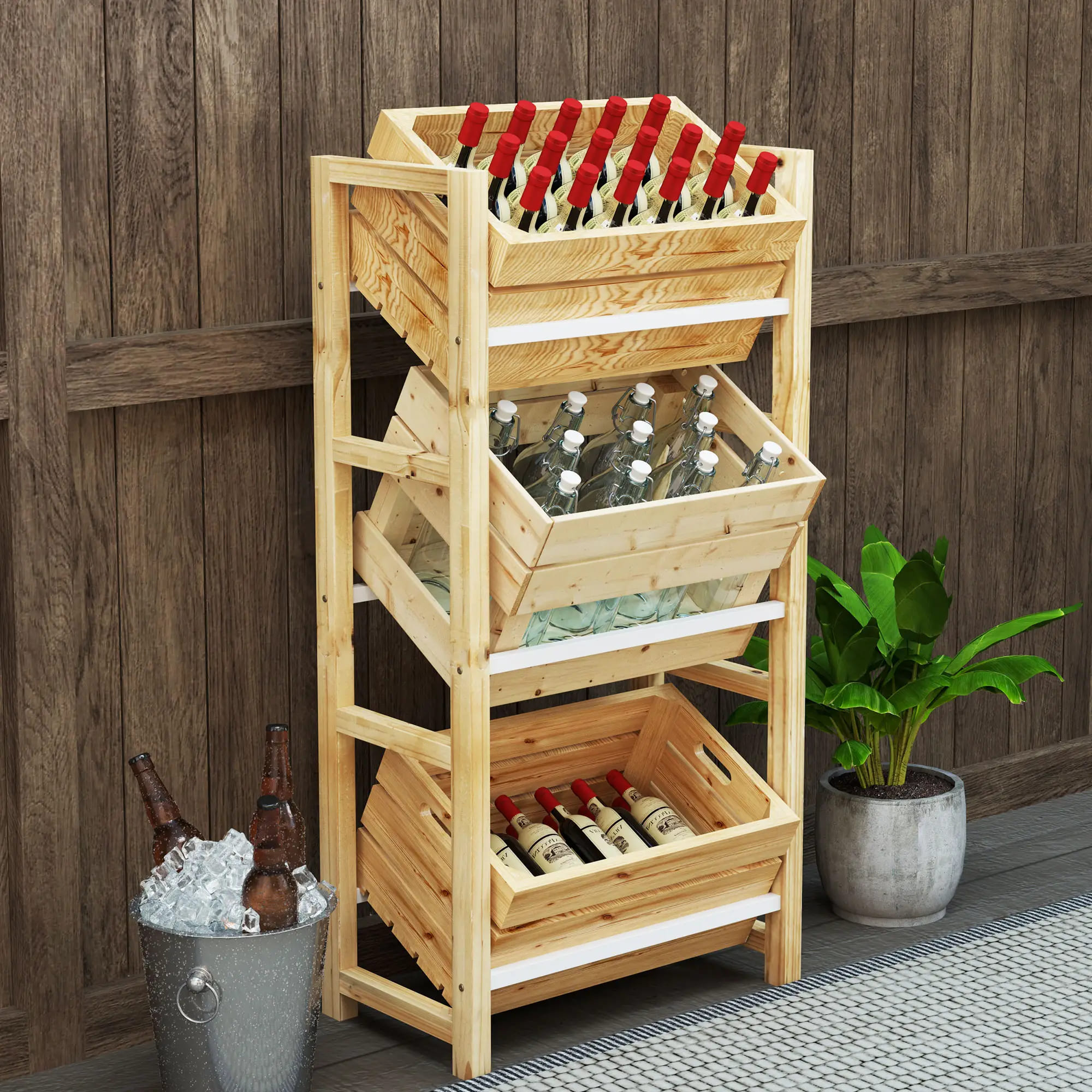 3-Tier Beverage Crate Shelf, Wooden Rack, Outsunny