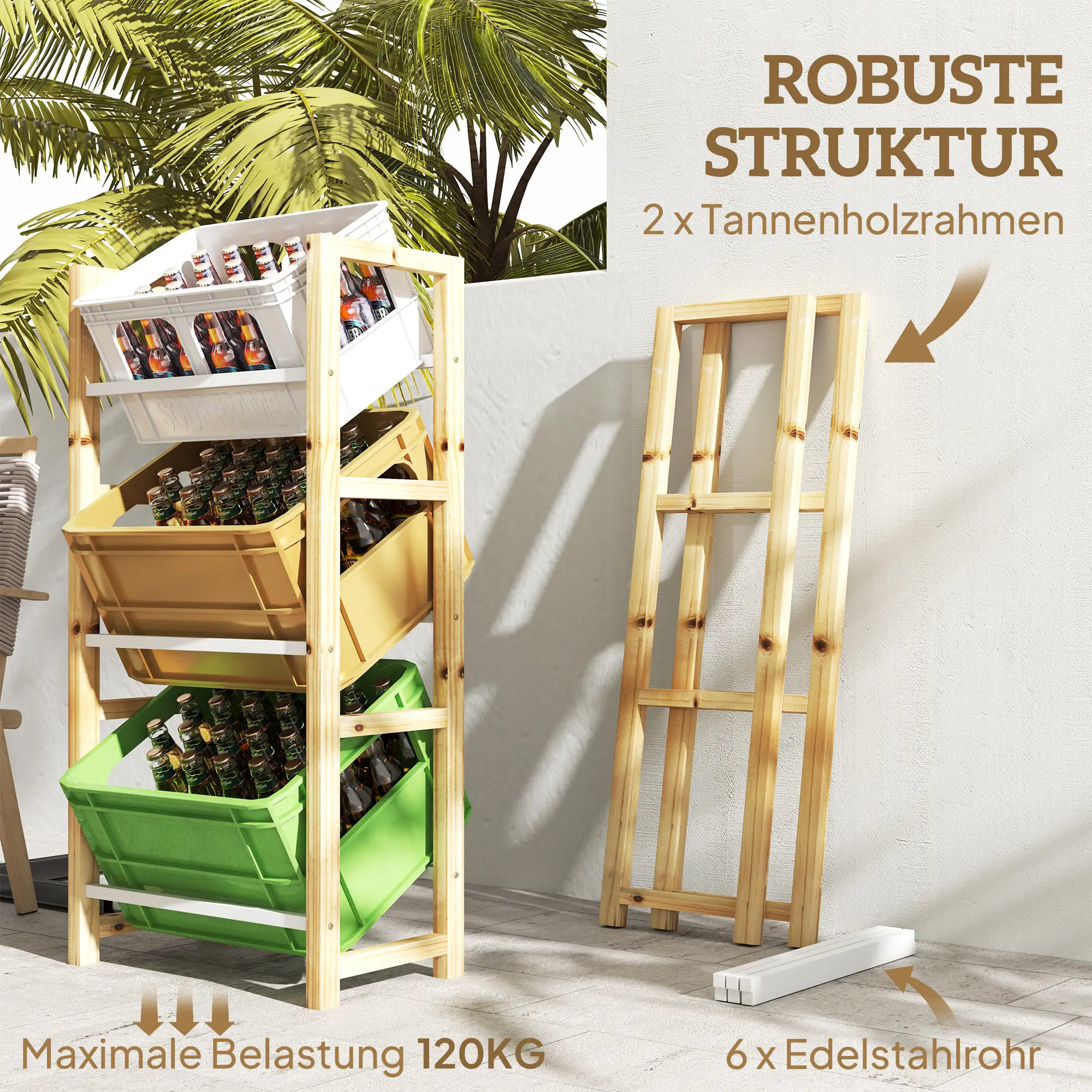 3-Tier Beverage Crate Shelf, Wooden Rack, Outsunny