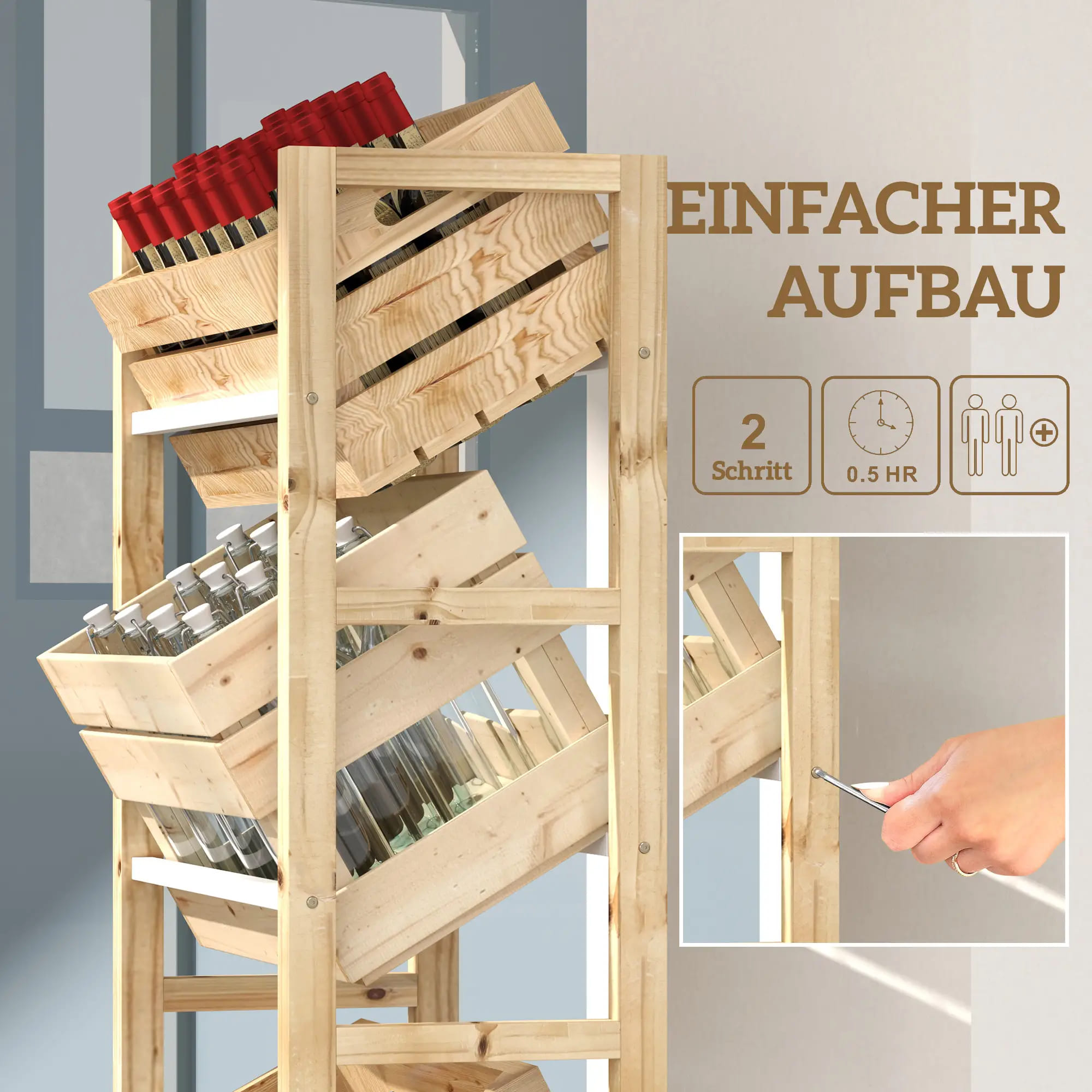 3-Tier Beverage Crate Shelf, Wooden Rack, Outsunny