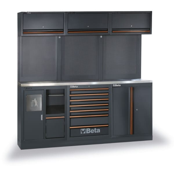 Modular Workshop Interior with Stainless Steel Workbench 2040 x 615 mm, Multiple Storage Modules, BETA Tools