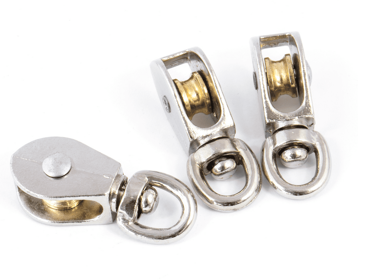 Talja och block 6st, locktalja enkel förnicklad svivel 1/230 kg, rep 4 mm