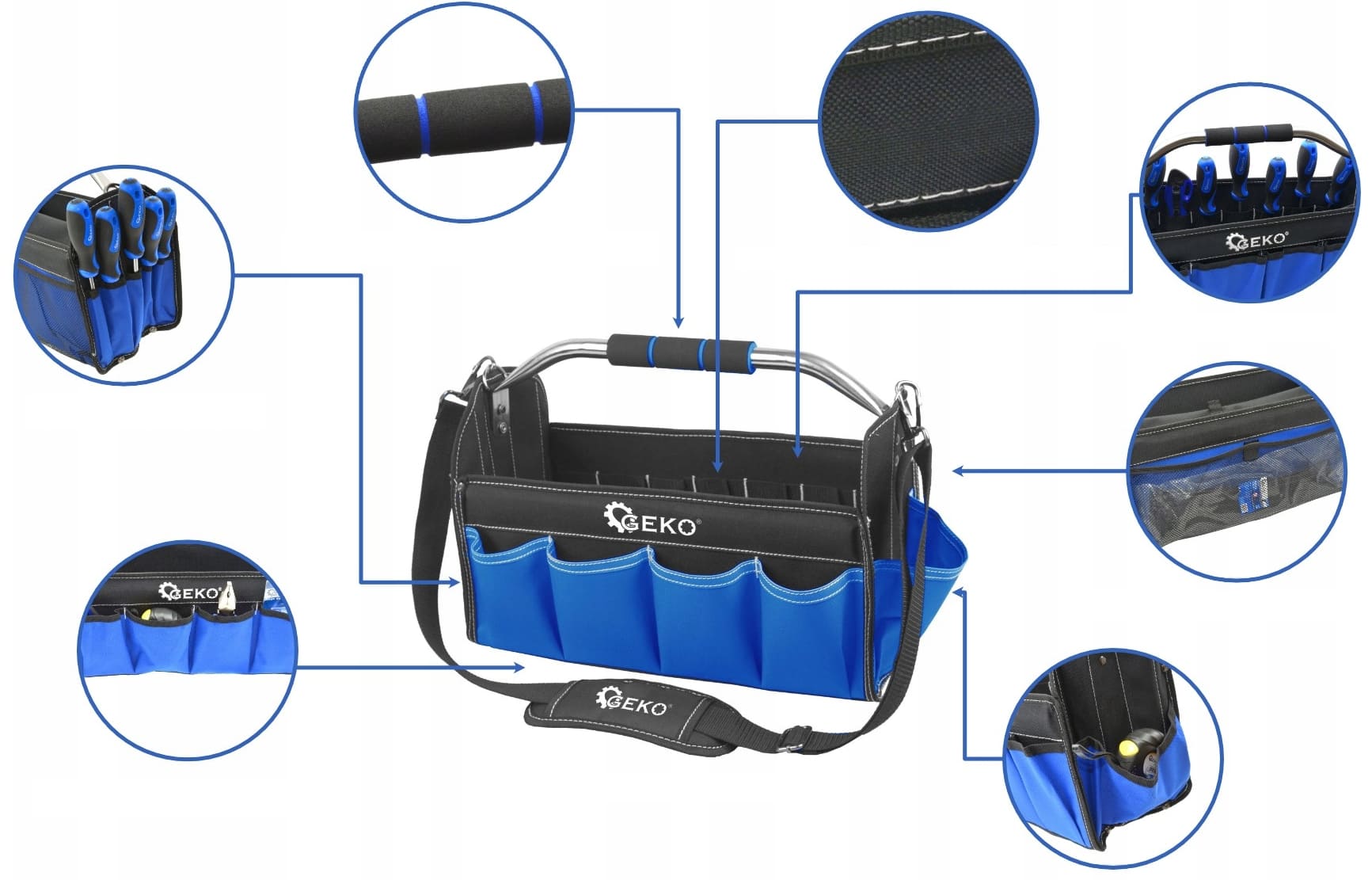 Tool Bag Open 49 x 23 x 28 cm, Metal Handle, 600D Polyester, Reinforced Bottom, Geko