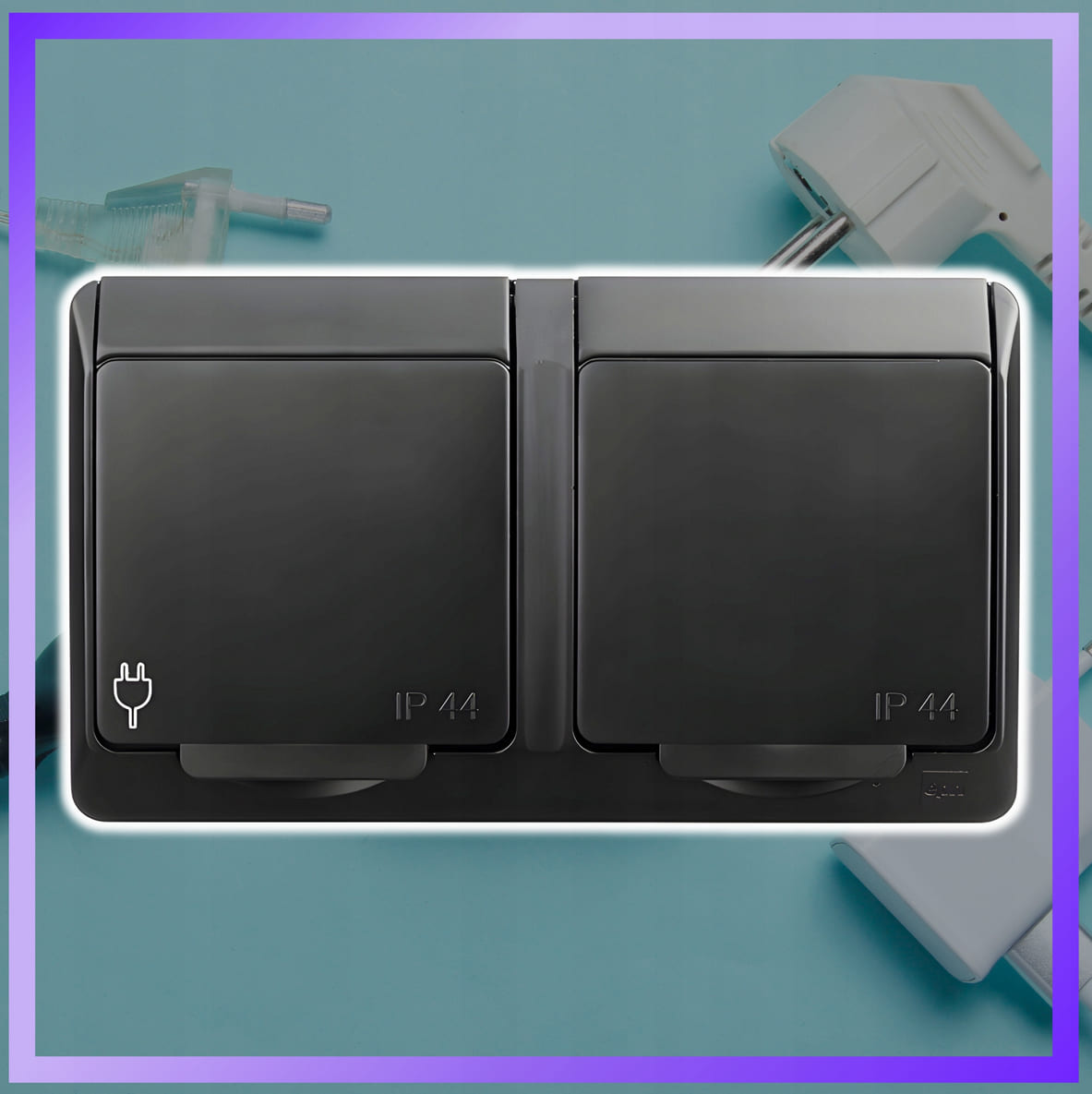 Surface-mount black dual sockets with covers, hermetic, 2 pcs, Hermes