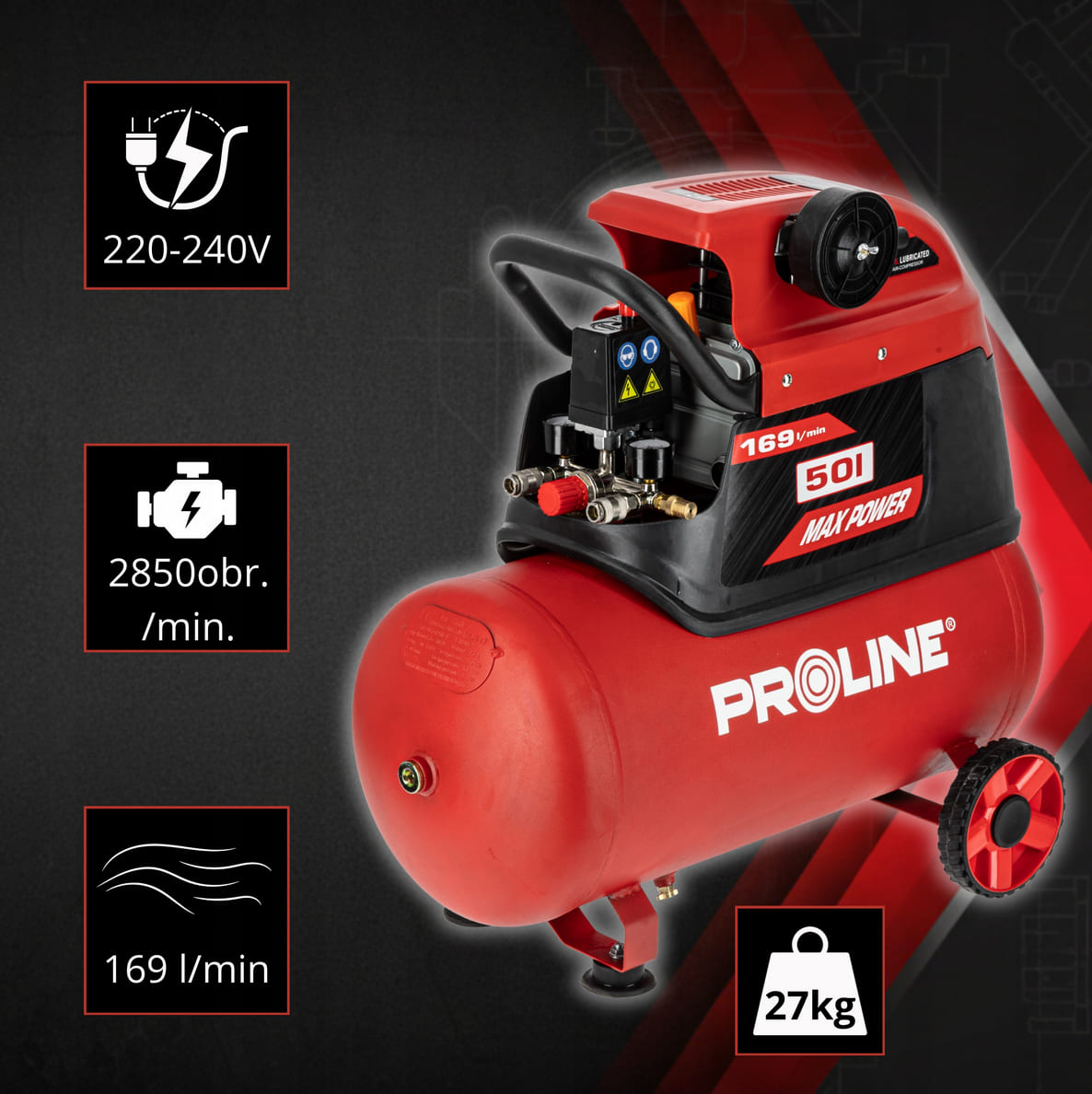 Oil-Lubricated Compressor 50L, 169 l/min, 8 bar, 1500W, 26 kg, Proline