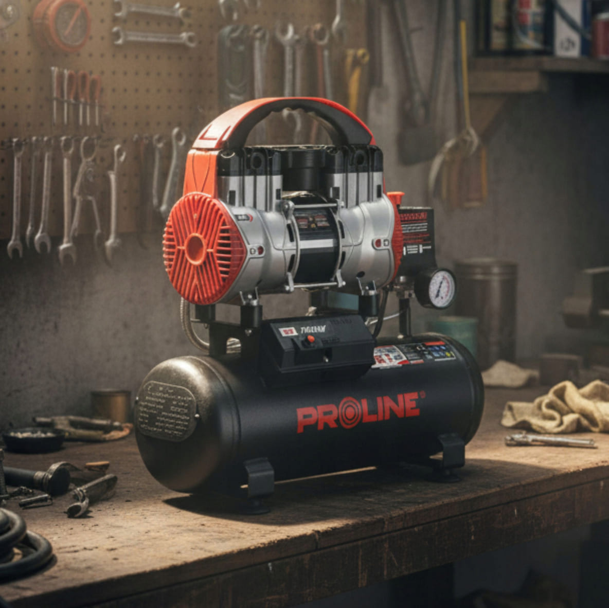 Olje-fri Kompressor 9L, 750W, 8BAR, 167L/MIN, 58.1 dB, 15 kg, 3-lagers Stål, Proline