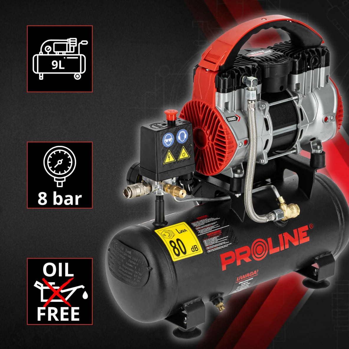 Olje-fri Kompressor 9L, 750W, 8BAR, 167L/MIN, 58.1 dB, 15 kg, 3-lagers Stål, Proline