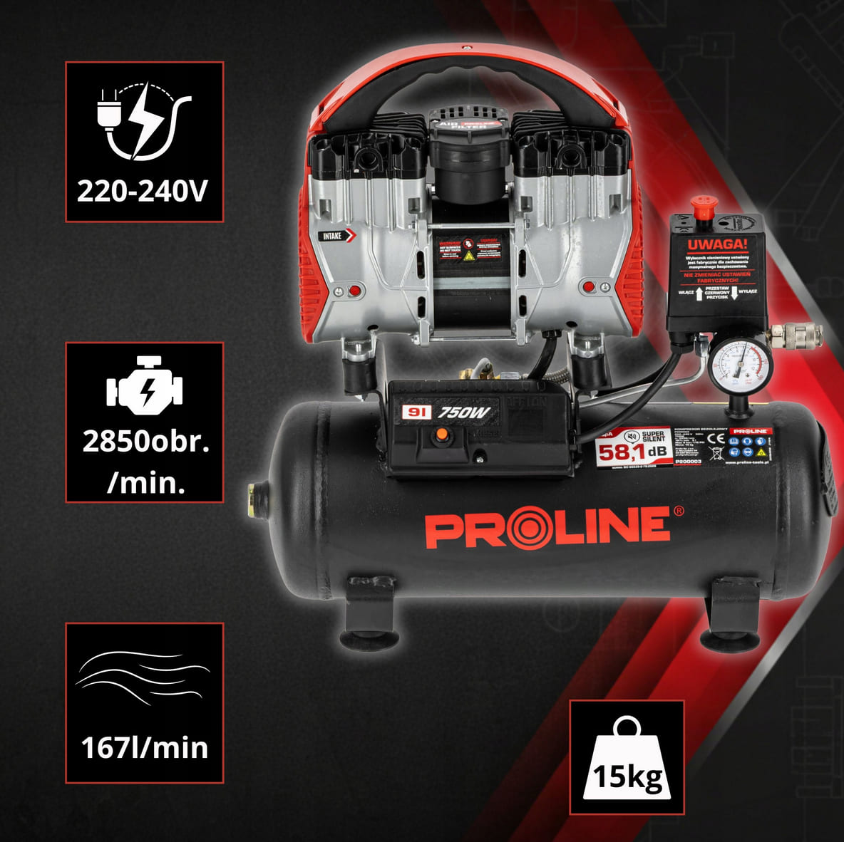 Olje-fri Kompressor 9L, 750W, 8BAR, 167L/MIN, 58.1 dB, 15 kg, 3-lagers Stål, Proline