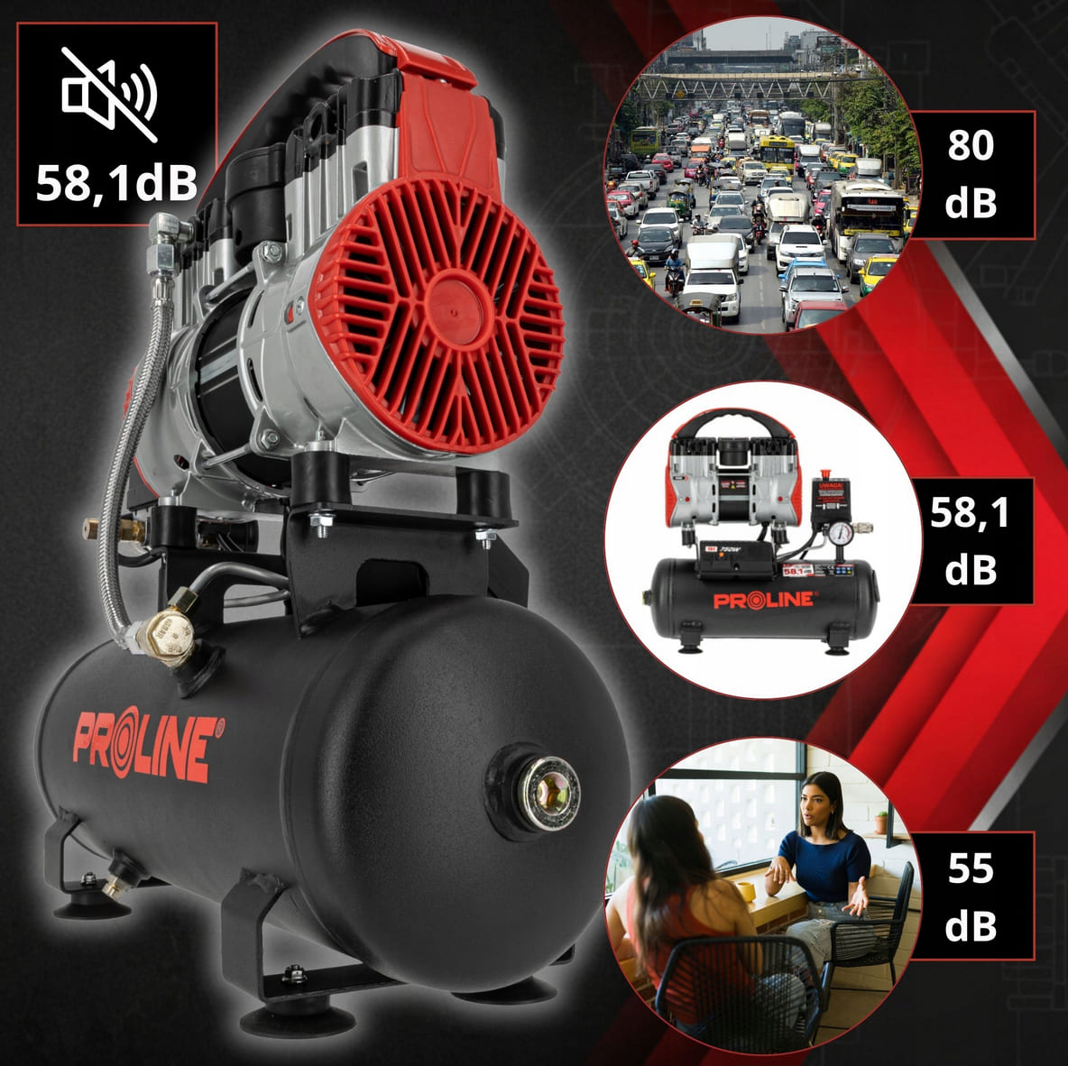 Olje-fri Kompressor 9L, 750W, 8BAR, 167L/MIN, 58.1 dB, 15 kg, 3-lagers Stål, Proline