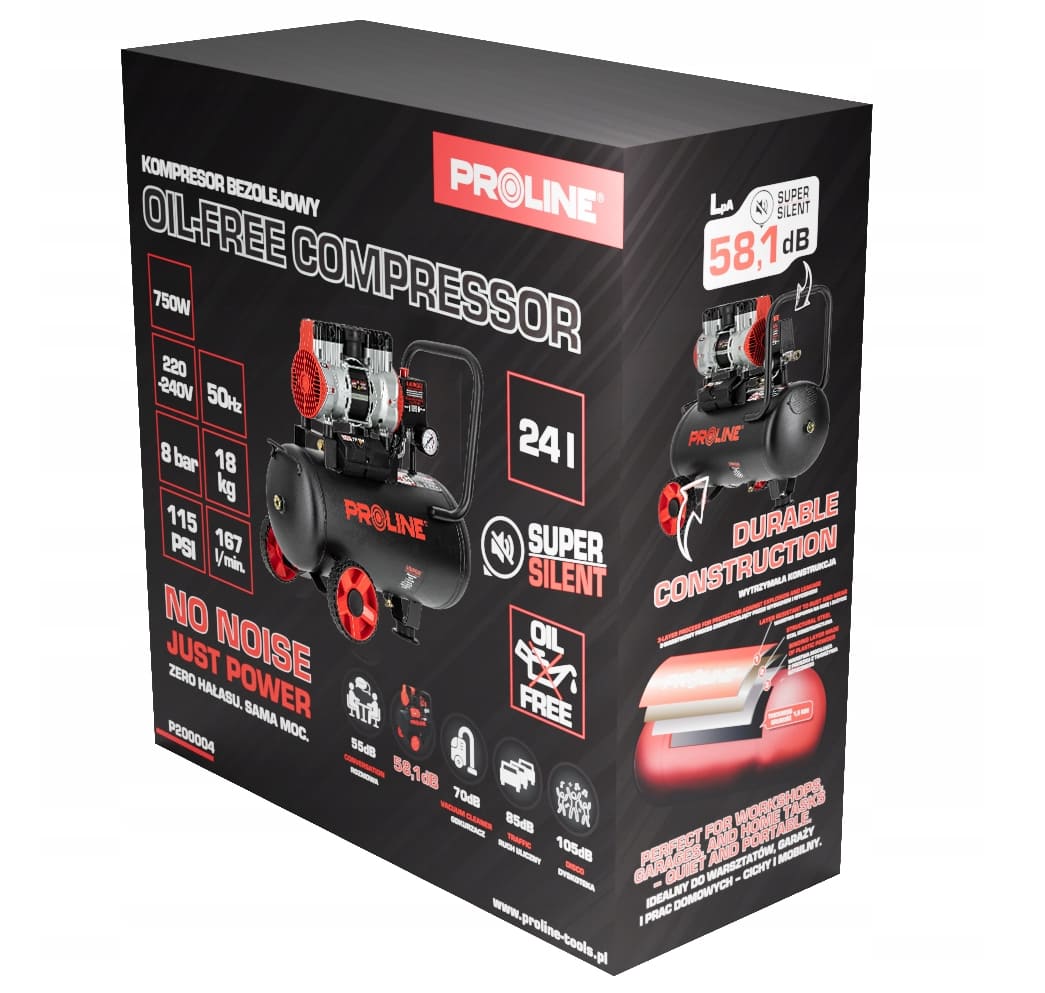 Olje-fri Kompressor 24L, 750W, 8BAR, 167L/MIN, Tyst Drift, Proline