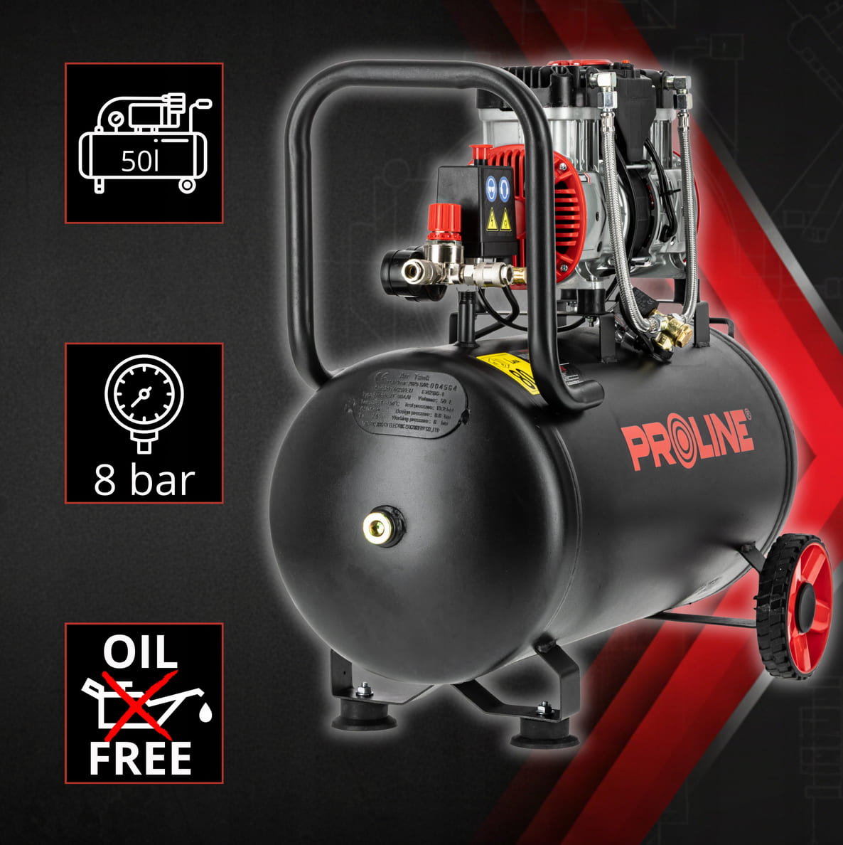 Kompresor oljefri 50L 254 l/min, 1500W, 8 bar, 58.1 dB, 25 kg, 3-lagers stål, Proline