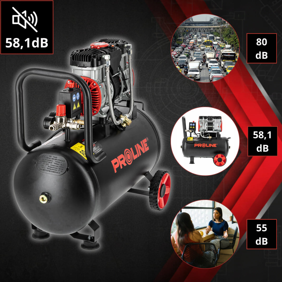 Kompresor oljefri 50L 254 l/min, 1500W, 8 bar, 58.1 dB, 25 kg, 3-lagers stål, Proline