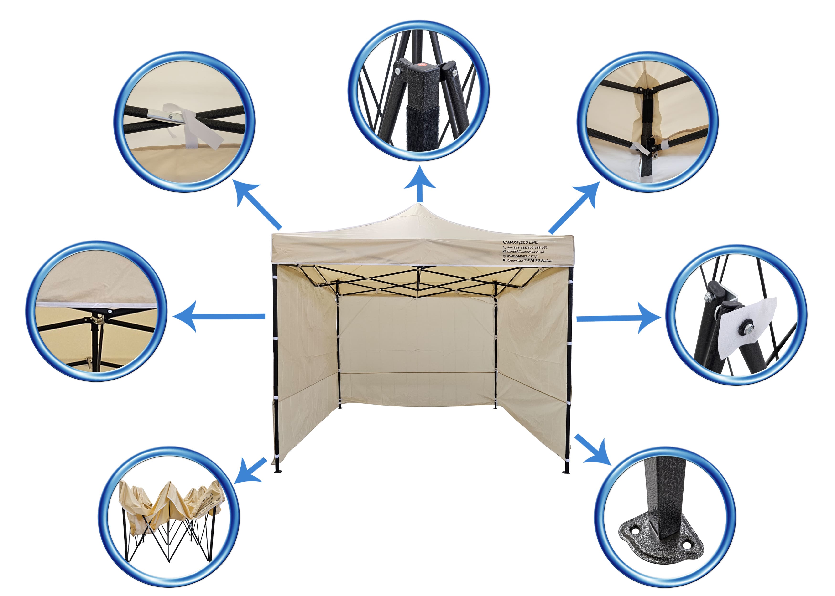 Popup Tent 3 x 3m, various colors, lightweight and stable, 3 or 4 walls, Namaxa