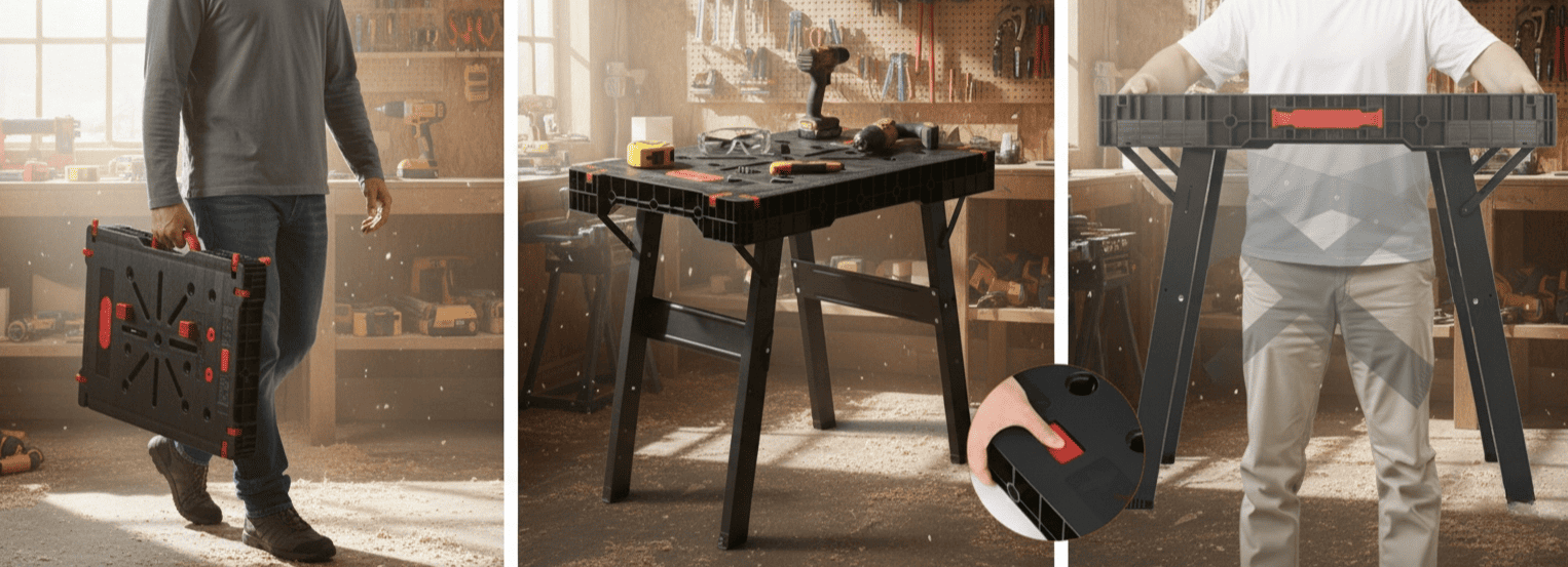 Hopfällbart Arbetsbord 150 kg 860 x 550 mm Klämfästhål Länkningsbeslag Snabbfäste, Proline