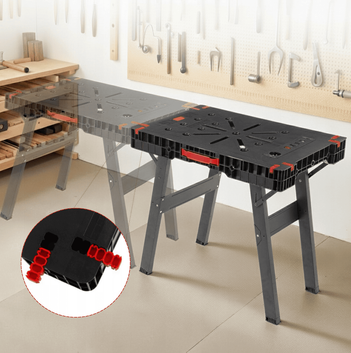 Hopfällbart Arbetsbord 150 kg 860 x 550 mm Klämfästhål Länkningsbeslag Snabbfäste, Proline