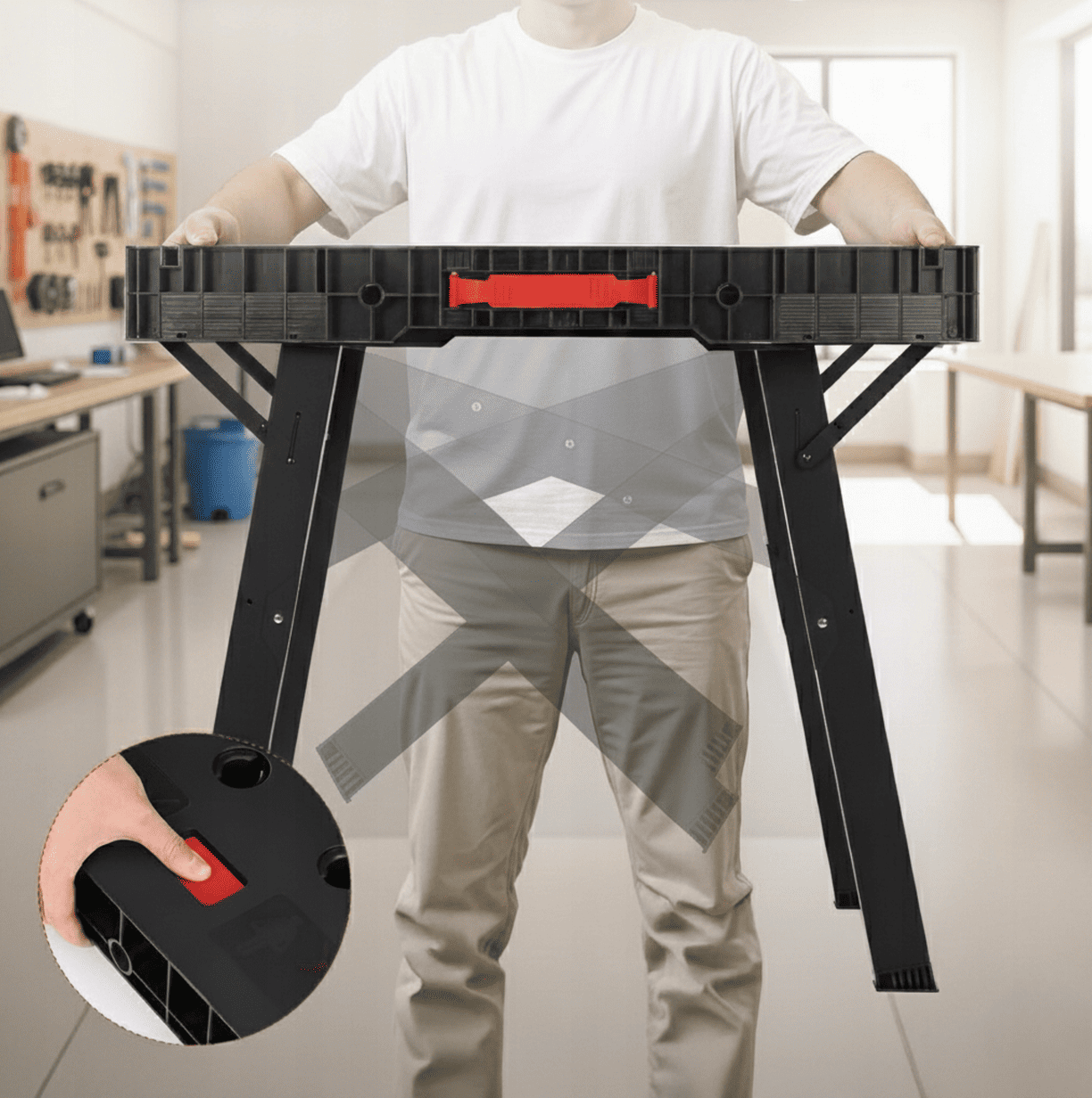 Hopfällbart Arbetsbord 150 kg 860 x 550 mm Klämfästhål Länkningsbeslag Snabbfäste, Proline