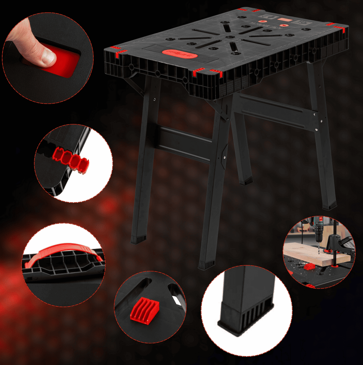 Hopfällbart Arbetsbord 150 kg 860 x 550 mm Klämfästhål Länkningsbeslag Snabbfäste, Proline